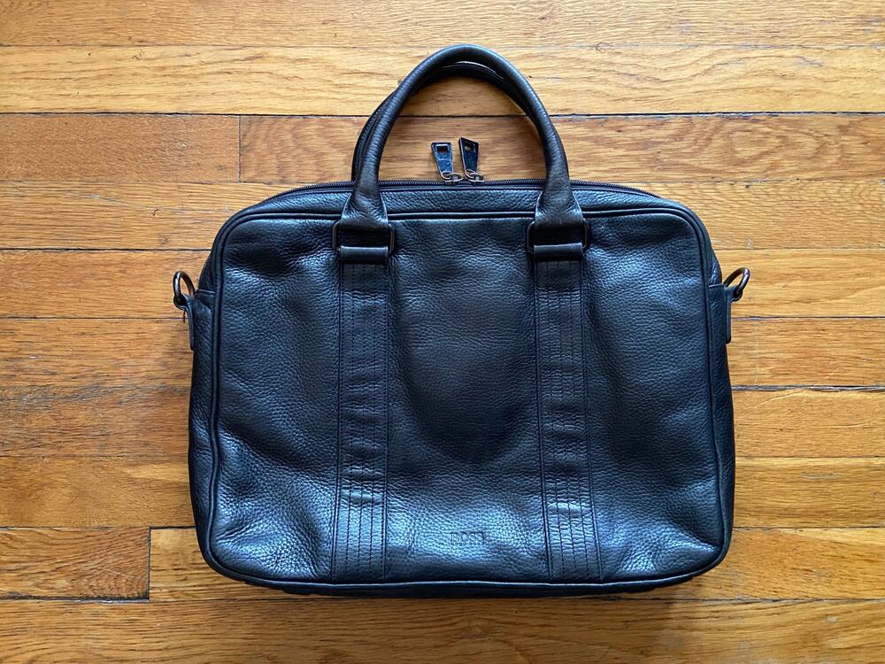 HUGO BOSS Slim Black Pebbled Leather Attache/Laptop Bag